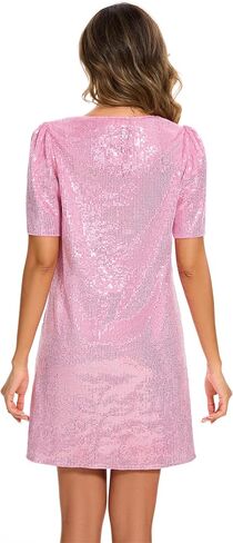 Women Puff Short Sleeve Sparkle Shift Dress Crewneck Sequin Shimmer Cocktail Party Dress in Saudi Arabia