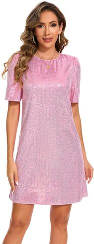 Women Puff Short Sleeve Sparkle Shift Dress Crewneck Sequin Shimmer Cocktail Party Dress in Saudi Arabia