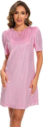 Women Puff Short Sleeve Sparkle Shift Dress Crewneck Sequin Shimmer Cocktail Party Dress in Saudi Arabia