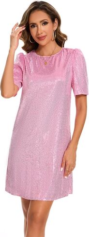 Women Puff Short Sleeve Sparkle Shift Dress Crewneck Sequin Shimmer Cocktail Party Dress in Saudi Arabia