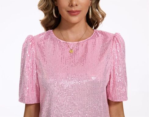 Women Puff Short Sleeve Sparkle Shift Dress Crewneck Sequin Shimmer Cocktail Party Dress in Saudi Arabia