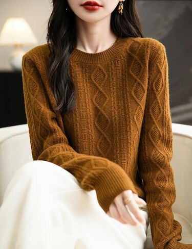 Women's 100% Merino Wool Sweater 2024 Fall Winter Basic Crewneck Warm Long Sleeve Cable Knit Pullover Sweater in Saudi Arabia