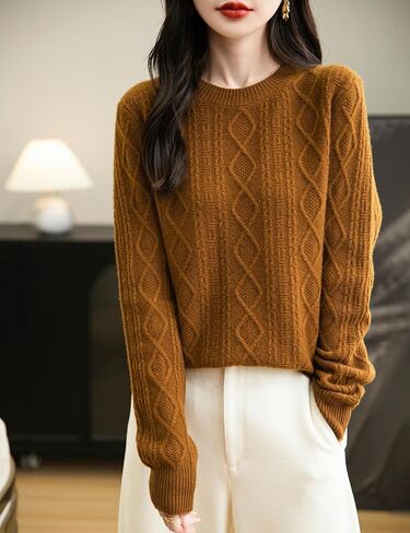 Women's 100% Merino Wool Sweater 2024 Fall Winter Basic Crewneck Warm Long Sleeve Cable Knit Pullover Sweater in Saudi Arabia