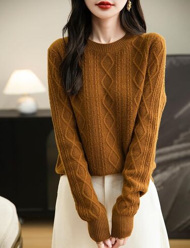 Women's 100% Merino Wool Sweater 2024 Fall Winter Basic Crewneck Warm Long Sleeve Cable Knit Pullover Sweater in Saudi Arabia