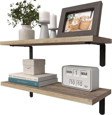 Floating Shelves Set of 2, Farmhouse Rustic Wood Shelf for Wall Décor, Wall Mounted Hanging Shelves for Bathroom, Bedroom, Storage, Kitchen, Living Room - Light Brown in Saudi Arabia