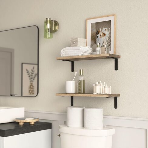 Floating Shelves Set of 2, Farmhouse Rustic Wood Shelf for Wall Décor, Wall Mounted Hanging Shelves for Bathroom, Bedroom, Storage, Kitchen, Living Room - Light Brown in Saudi Arabia