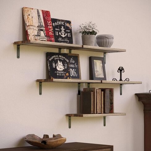 Floating Shelves Set of 2, Farmhouse Rustic Wood Shelf for Wall Décor, Wall Mounted Hanging Shelves for Bathroom, Bedroom, Storage, Kitchen, Living Room - Light Brown in Saudi Arabia
