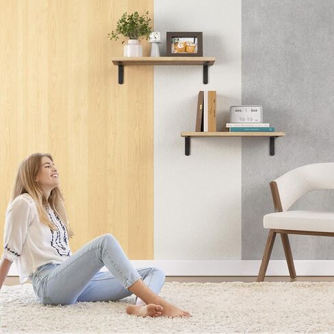 Floating Shelves Set of 2, Farmhouse Rustic Wood Shelf for Wall Décor, Wall Mounted Hanging Shelves for Bathroom, Bedroom, Storage, Kitchen, Living Room - Light Brown in Saudi Arabia