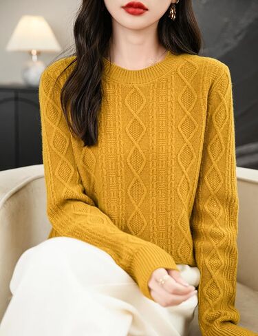 المرأة 100% ميرينو سترة صوف 2024 خريف شتاء الأساسية Crewneck الدافئة طويلة الأكمام كابل متماسكة البلوز سترة in Kuwait