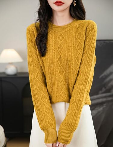 المرأة 100% ميرينو سترة صوف 2024 خريف شتاء الأساسية Crewneck الدافئة طويلة الأكمام كابل متماسكة البلوز سترة in Kuwait