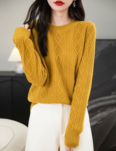 المرأة 100% ميرينو سترة صوف 2024 خريف شتاء الأساسية Crewneck الدافئة طويلة الأكمام كابل متماسكة البلوز سترة in Kuwait