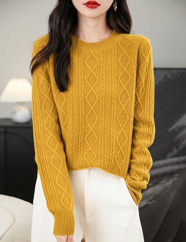 المرأة 100% ميرينو سترة صوف 2024 خريف شتاء الأساسية Crewneck الدافئة طويلة الأكمام كابل متماسكة البلوز سترة in Kuwait