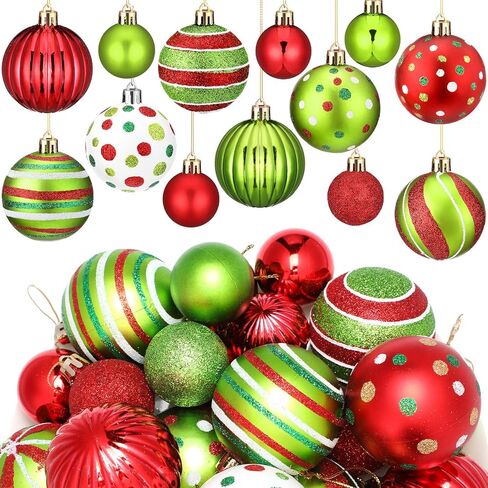 48 Pcs Christmas Ball Ornaments 1.6'' 2.4'' Glittering Red Green White Hanging Decorations Plastic Elf Balls Swirl Candy Cane Peppermint Christmas Pendants for Xmas Tree Decoration, 2 Size in Saudi Arabia