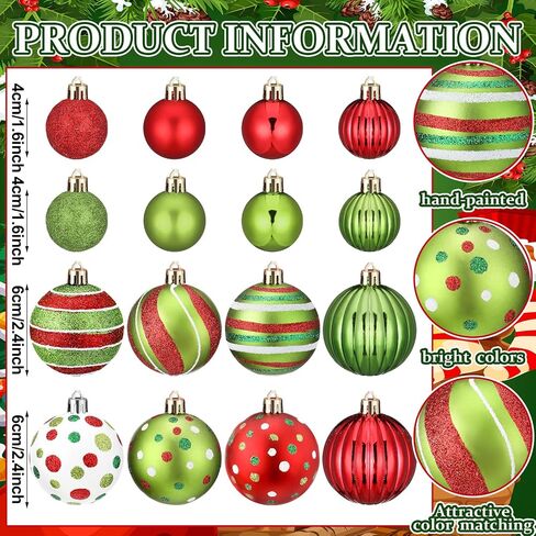 48 Pcs Christmas Ball Ornaments 1.6'' 2.4'' Glittering Red Green White Hanging Decorations Plastic Elf Balls Swirl Candy Cane Peppermint Christmas Pendants for Xmas Tree Decoration, 2 Size in Saudi Arabia