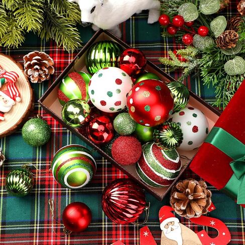 48 Pcs Christmas Ball Ornaments 1.6'' 2.4'' Glittering Red Green White Hanging Decorations Plastic Elf Balls Swirl Candy Cane Peppermint Christmas Pendants for Xmas Tree Decoration, 2 Size in Saudi Arabia