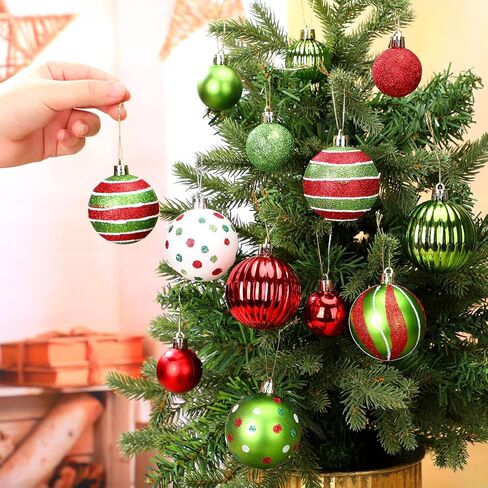 48 Pcs Christmas Ball Ornaments 1.6'' 2.4'' Glittering Red Green White Hanging Decorations Plastic Elf Balls Swirl Candy Cane Peppermint Christmas Pendants for Xmas Tree Decoration, 2 Size in Saudi Arabia
