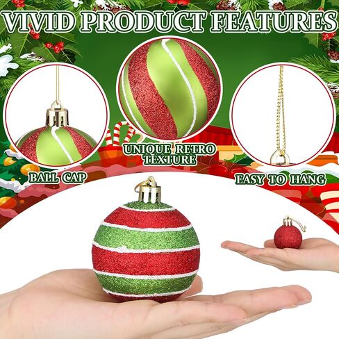 48 Pcs Christmas Ball Ornaments 1.6'' 2.4'' Glittering Red Green White Hanging Decorations Plastic Elf Balls Swirl Candy Cane Peppermint Christmas Pendants for Xmas Tree Decoration, 2 Size in Saudi Arabia
