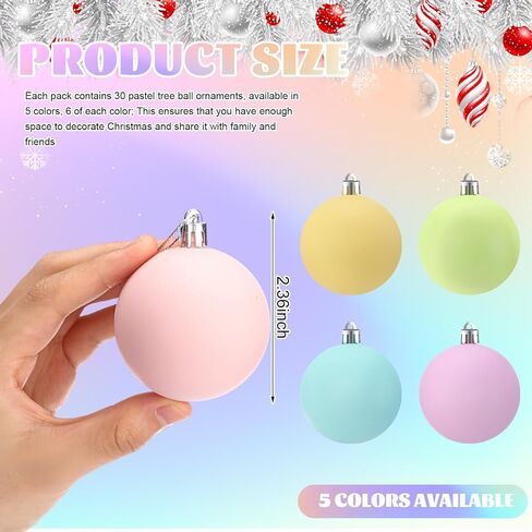 30 Pcs 2.36'' Pastel Christmas Tree Balls Ornaments Xmas Tree Shatterproof Decorations Pink Blue Purple Rainbow Christmas Tree Hanging Ornaments for Christmas Wedding Party Decor in Saudi Arabia