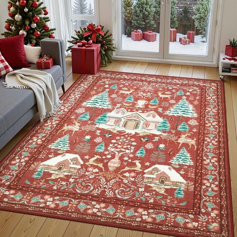 LIVEBOX Christmas Washable Area Rug 5x7, Boho Red Rugs for Living Room, Dining Room Rugs for Under Table with No-Slip Backing Vintage Soft Holiday Rug Carpet for Bedroom Office in Kuwait