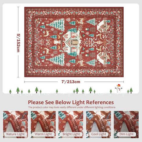 LIVEBOX Christmas Washable Area Rug 5x7, Boho Red Rugs for Living Room, Dining Room Rugs for Under Table with No-Slip Backing Vintage Soft Holiday Rug Carpet for Bedroom Office in Kuwait