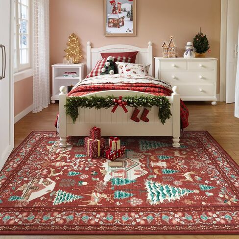 LIVEBOX Christmas Washable Area Rug 5x7, Boho Red Rugs for Living Room, Dining Room Rugs for Under Table with No-Slip Backing Vintage Soft Holiday Rug Carpet for Bedroom Office in Kuwait