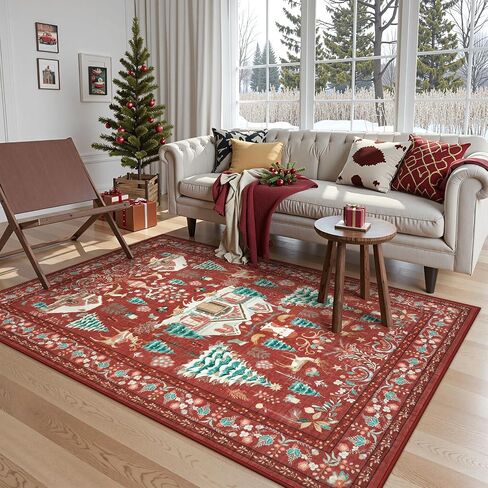 LIVEBOX Christmas Washable Area Rug 5x7, Boho Red Rugs for Living Room, Dining Room Rugs for Under Table with No-Slip Backing Vintage Soft Holiday Rug Carpet for Bedroom Office in Kuwait