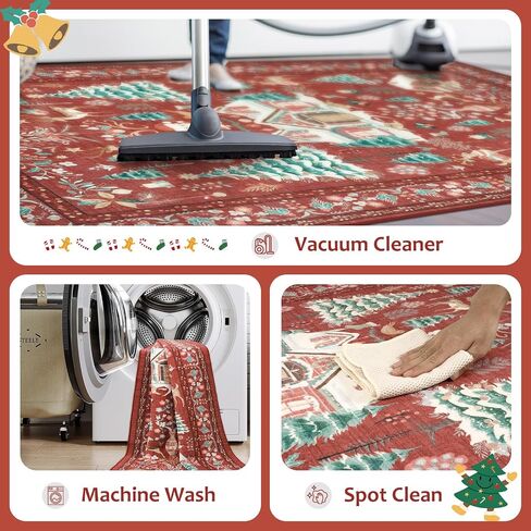 LIVEBOX Christmas Washable Area Rug 5x7, Boho Red Rugs for Living Room, Dining Room Rugs for Under Table with No-Slip Backing Vintage Soft Holiday Rug Carpet for Bedroom Office in Kuwait