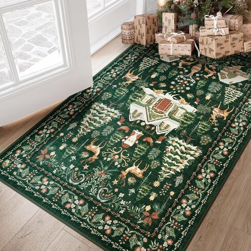 LIVEBOX Christmas Washable Area Rug 5x7, Boho Red Rugs for Living Room, Dining Room Rugs for Under Table with No-Slip Backing Vintage Soft Holiday Rug Carpet for Bedroom Office in Kuwait