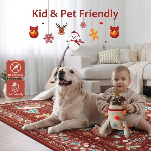 LIVEBOX Christmas Washable Area Rug 5x7, Boho Red Rugs for Living Room, Dining Room Rugs for Under Table with No-Slip Backing Vintage Soft Holiday Rug Carpet for Bedroom Office in Kuwait