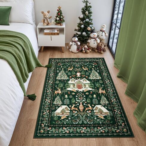 LIVEBOX Christmas Washable Area Rug 5x7, Boho Red Rugs for Living Room, Dining Room Rugs for Under Table with No-Slip Backing Vintage Soft Holiday Rug Carpet for Bedroom Office in Kuwait