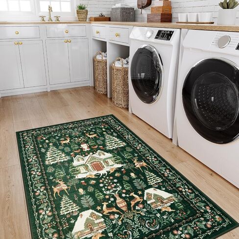 LIVEBOX Christmas Washable Area Rug 5x7, Boho Red Rugs for Living Room, Dining Room Rugs for Under Table with No-Slip Backing Vintage Soft Holiday Rug Carpet for Bedroom Office in Kuwait