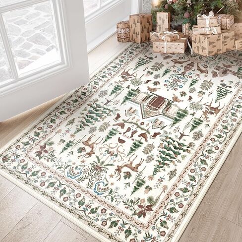 LIVEBOX Christmas Washable Area Rug 5x7, Boho Red Rugs for Living Room, Dining Room Rugs for Under Table with No-Slip Backing Vintage Soft Holiday Rug Carpet for Bedroom Office in Kuwait