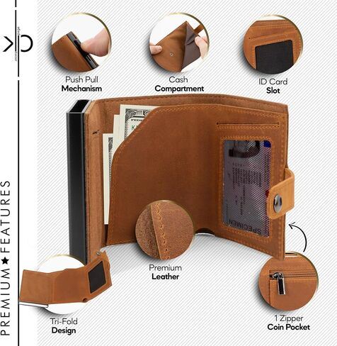 محفظة نحيفة منبثقة حامل بطاقات RFID محفظة معدنية ثلاثية الطي تصميم بسيط محفظة جلدية جيب بسحاب مع صندوق هدايا (جملي) in Saudi Arabia