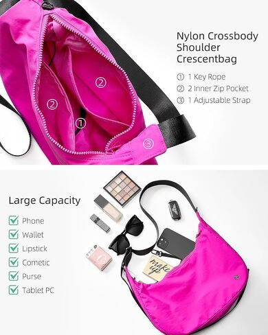 Titosha Medium Nylon Crescent Crossbody Bag for Women with Organizer Hook Dual Interior Zippered Pockets in Saudi Arabia