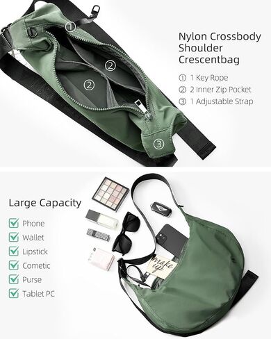 Titosha Medium Nylon Crescent Crossbody Bag for Women with Organizer Hook Dual Interior Zippered Pockets in Saudi Arabia