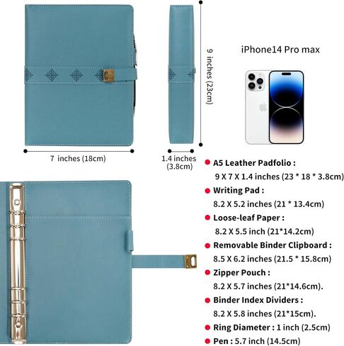 WASON A5 Journal Binder PU Leather Composition Notebook Ruled Spiral Diary Portfolio with Pen, Refillable Paper, Removable Clipboard, Notepad for Business Travel School Planner Organizer (Cyan) in Saudi Arabia