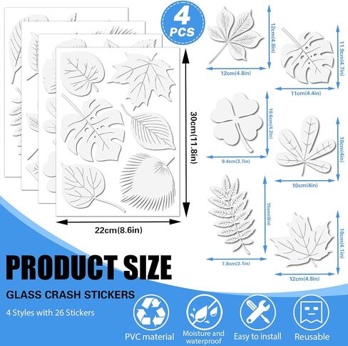 4 Sheet 26 Pcs Leaf Shape Window Decals for Bird Strikes, PVC Anti Collision Window Bird Stickers, Translucent Window Clings Film to Stop Birds from Hitting Glass Door Indoor Decoration (4) in Saudi Arabia