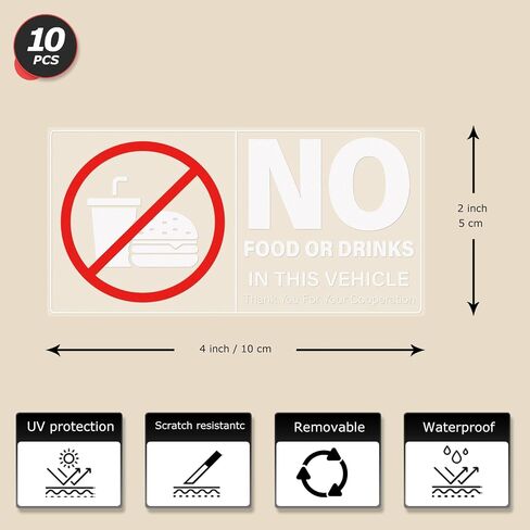 No Food Or Drinks in This Vehicle Sticker 4×2 Inches Self Adhesive Sign Vinyl Waterproof Decal Warning Label for Car Taxi Window 10 Pack in Saudi Arabia