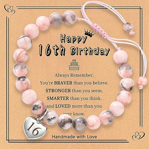 Birthday Gift for Teen Girls 8-21 Year Old, Pink Zebra Natural Stone Bracelet with Number Heart Charm for Daughters, Students, and Friends in Saudi Arabia