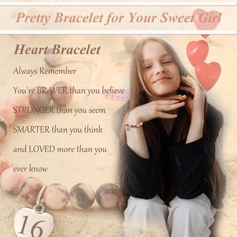 Birthday Gift for Teen Girls 8-21 Year Old, Pink Zebra Natural Stone Bracelet with Number Heart Charm for Daughters, Students, and Friends in Saudi Arabia