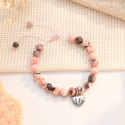 Birthday Gift for Teen Girls 8-21 Year Old, Pink Zebra Natural Stone Bracelet with Number Heart Charm for Daughters, Students, and Friends in Saudi Arabia