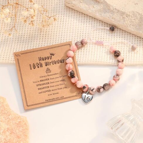 Birthday Gift for Teen Girls 8-21 Year Old, Pink Zebra Natural Stone Bracelet with Number Heart Charm for Daughters, Students, and Friends in Saudi Arabia