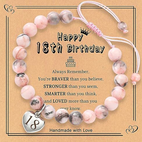 Birthday Gift for Teen Girls 8-21 Year Old, Pink Zebra Natural Stone Bracelet with Number Heart Charm for Daughters, Students, and Friends in Saudi Arabia