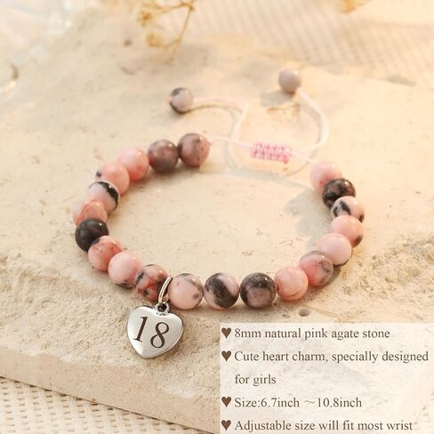 Birthday Gift for Teen Girls 8-21 Year Old, Pink Zebra Natural Stone Bracelet with Number Heart Charm for Daughters, Students, and Friends in Saudi Arabia