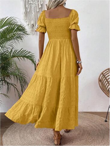 SHENHE Women's Summer Short Puff Sleeve Square Neck Smocked Tiered Ruffle Boho Sundress in Saudi Arabia
