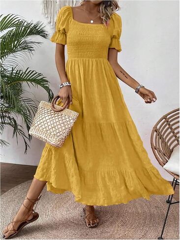 SHENHE Women's Summer Short Puff Sleeve Square Neck Smocked Tiered Ruffle Boho Sundress in Saudi Arabia