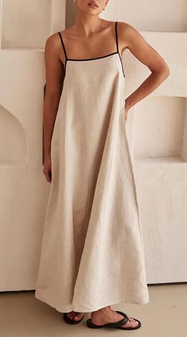 CHARTOU Women Summer Spaghetti Straps Linen Sleeveless Maxi Long Flowy Dress in Saudi Arabia
