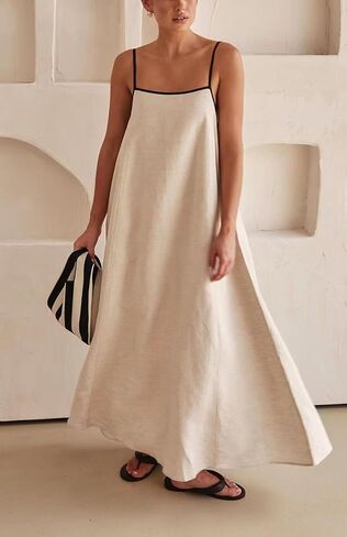 CHARTOU Women Summer Spaghetti Straps Linen Sleeveless Maxi Long Flowy Dress in Saudi Arabia