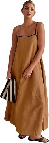 CHARTOU Women Summer Spaghetti Straps Linen Sleeveless Maxi Long Flowy Dress in Saudi Arabia