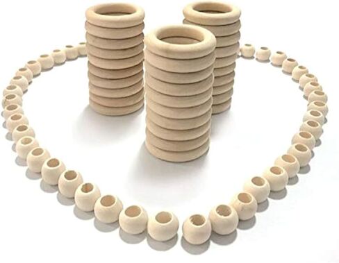 مجموعات حرفية SUNTQ Macrame مكونة من 80 قطعة - مجموعة متنوعة من الخرز الخشبي و50 قطعة من الخرز الخشبي و30 قطعة من الحلقات الخشبية للحرف اليدوية والمكرامية in Kuwait